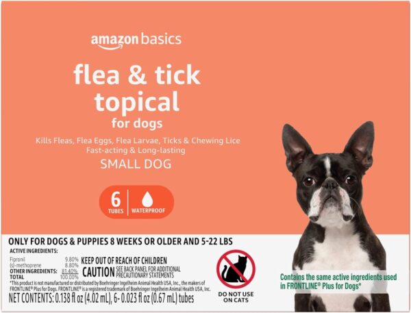 Amazon Basics Flea and Tick Topical Treatment for Small Dogs (5 -22 pounds), Unscented, 6 Count (Previously Solimo)