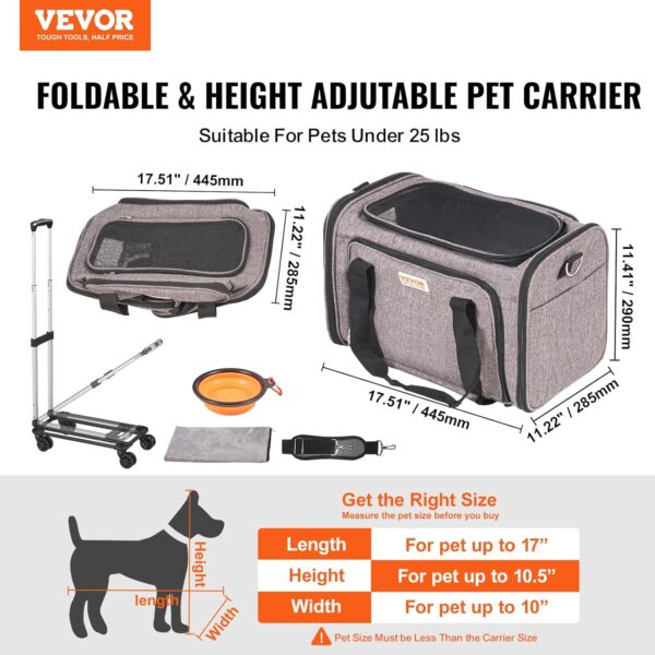 VEVOR Airline Approved PetCarrier with Wheels,Rolling CatDog Carrier,PetTravel Carrier on Wheels with Upgraded Wheels and Telescopic Handle,Expandable Carrier for under 25lbs-Grey,17.5"Lx11.2"Wx11.4"H - Image 5