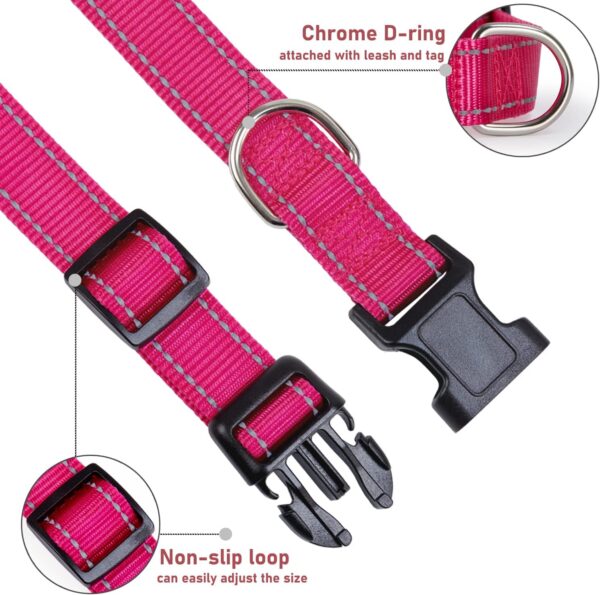 Reflective Dog Collar with Buckle Adjustable Safety Nylon Collars for Small Medium Large Dogs, Pink S - Image 3