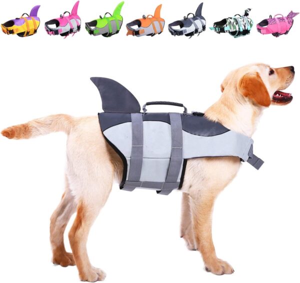 ASENKU Dog Life Jacket Pet Life Safety Vest for Swimming Boating, Dog Shark Life Jackets Dog Lifesavers Swimsuits for Pool, Dog Water Floatation Vest for Small Medium Large Dogs, Gray, Large