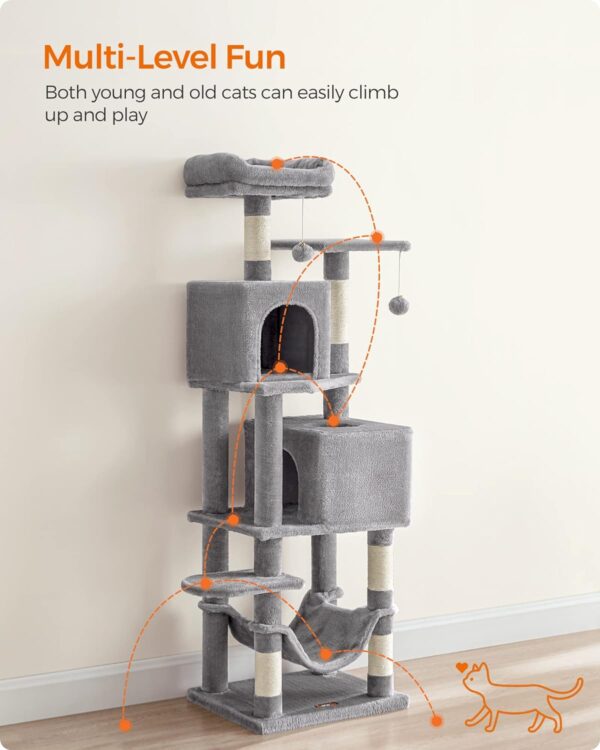 Feandrea Cat Tree, 61-Inch Cat Tower for Indoor Cats, Plush Multi-Level Cat Condo with 5 Scratching Posts, 2 Perches, 2 Caves, Hammock, 2 Pompoms, Light Gray UPCT192W01 - Image 3