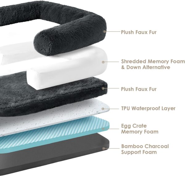 EHEYCIGA Foldable XL Dog Bed, Faux Fur Fluffy Dog Bed for Extra Large Dogs, Orthopedic Calming Memory Foam XL Dog Couch Bed, Washable Soft Warm Dog Sofa Bed with Non-Slip Bottom, Dark Grey, 40"x30"x7" - Image 2