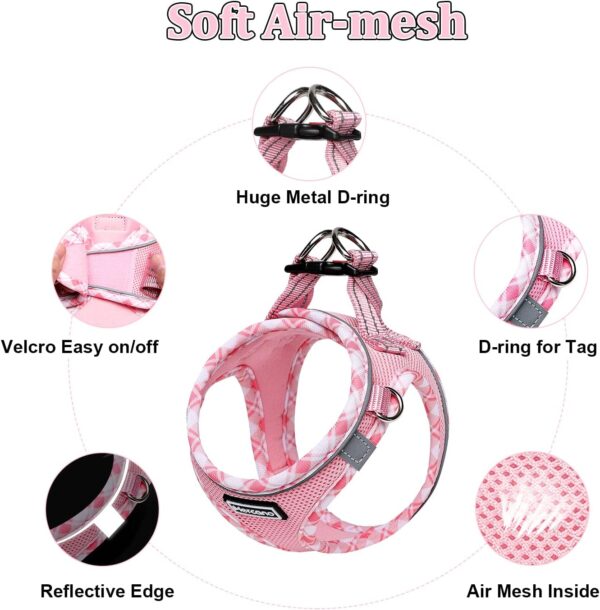 Soft Mesh Dog Harness and Leash Set, No-Chock Step-in Reflective Breathable Lightweight Easy Walk Escape Proof Vest Harnesses with Safety Buckle for Small Medium Dogs, Cats (Pink, S) - Image 3