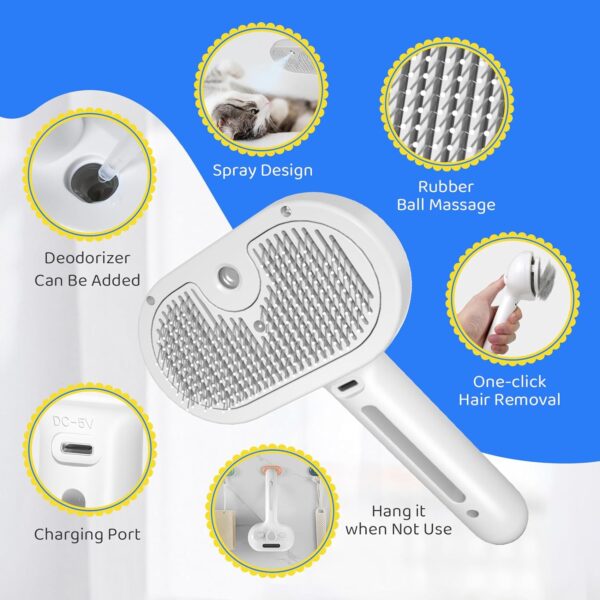 Cat Steam Brush for Shedding, Self Cleaning Cat Grooming Brush for Massage, Cat Brush with Steam for Removing Tangled and Loosse Hair, Steamy Cat Brush for Long and Short Hair Dogs and Cats (White) - Image 5