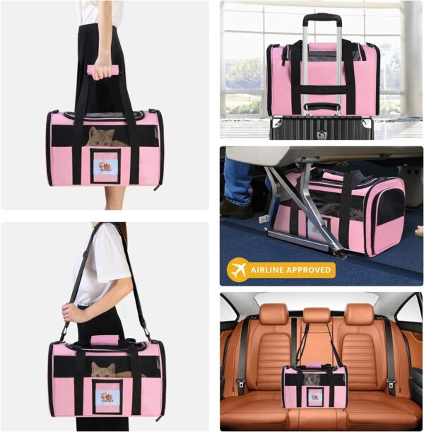 Cat Carrier, Dog Carrier, Pet Carrier Airline Approved for Cat, Small Dogs, Kitten, Cat Carriers for Small Medium Cats Under 15lb, Collapsible Soft Sided TSA Approved Cat Travel Carrier, Pink - Image 6