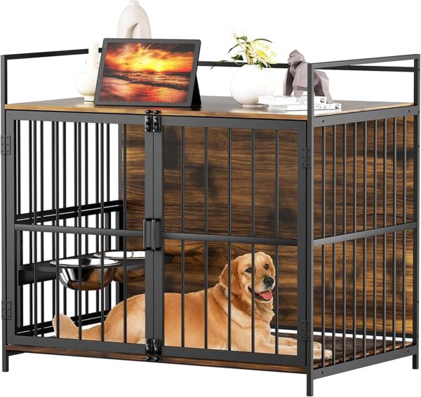 ROOMTEC Furniture Style Large Dog Crate with 360° & Adjustable Raised Feeder for Dogs 2 Stainless Steel Bowls -End Table House Pad, Indoor Use,41" L X 24" W 36" H, Classic Brown