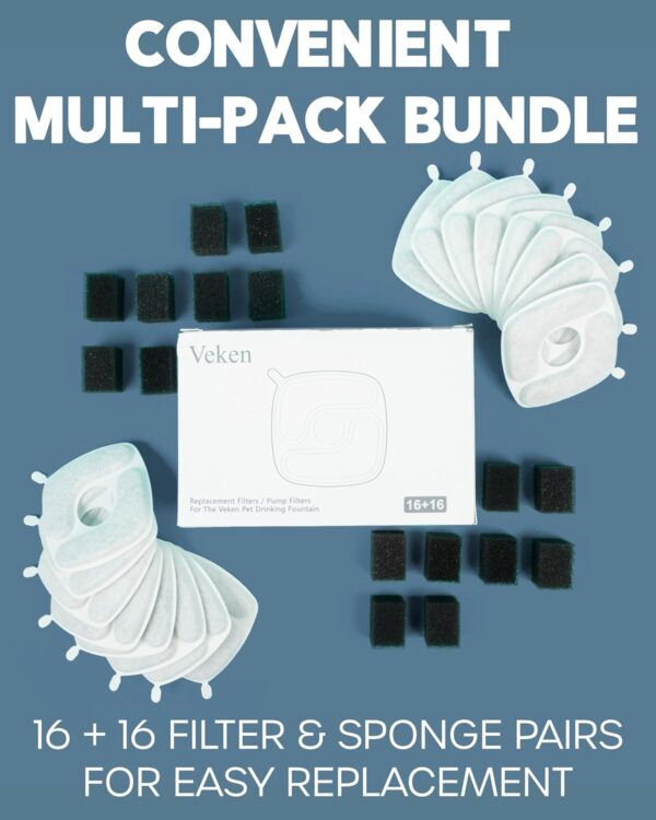 Veken Cat Water Fountain Filters, 16 Pack Replacement Filters & 16 Pack Replacement Pre-Filter Sponges Set for 67oz, 95oz, 135oz Automatic Pet Fountain Dog Water Dispenser - Image 8