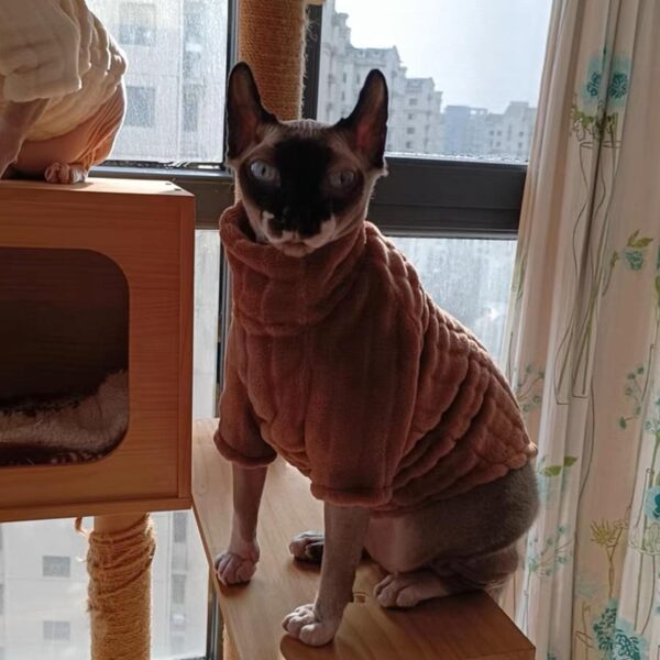 Turtleneck Sweater for Sphynx Cat Soft Coral Fleece Cat Clothes Thick Winter Warm Outfit Coat for Hairless Cats and Small Dogs Apparel with Sleeves (L (7-8.5 lbs), Brown) - Image 6