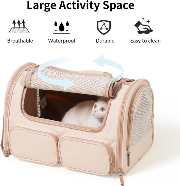 FUKUMARU Cat Carrier, 4 Mesh Windows Small Dog Carrier, 4 Storage Pockets Cat Travel Bag, Under 44 lb Airline Approved Pet Carrier, Rollable Cover for Nervous Cats, Pink - Image 2