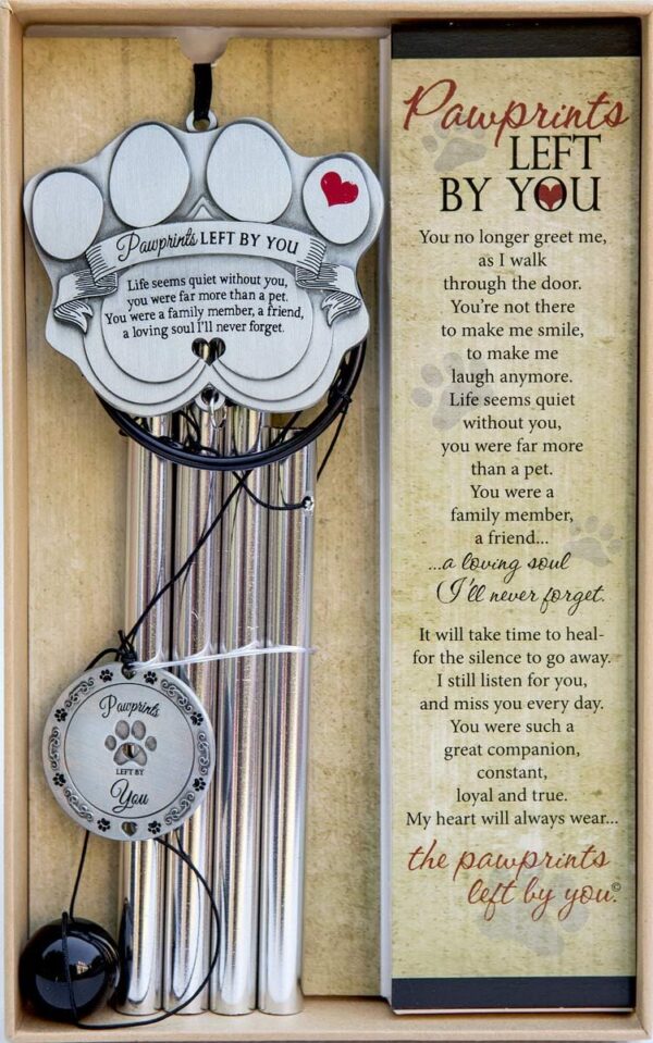 Pet Memorial Wind Chime - 18" Metal Casted Pawprint Wind Chime - A Beautiful Remembrance Gift for a Grieving Pet Owner - Includes Pawprints Left by You Poem Card