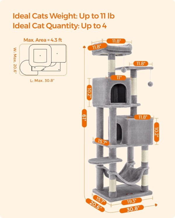 Feandrea Cat Tree, 61-Inch Cat Tower for Indoor Cats, Plush Multi-Level Cat Condo with 5 Scratching Posts, 2 Perches, 2 Caves, Hammock, 2 Pompoms, Light Gray UPCT192W01 - Image 5