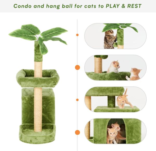 31.5" Cat Tree/Tower for Indoor Cats with Green Leaves, Cat Condo Cozy Plush Cat House with Hang Ball and Leaf Shape Design, Cat Furniture Pet House with Cat Scratching Posts, Green - Image 4