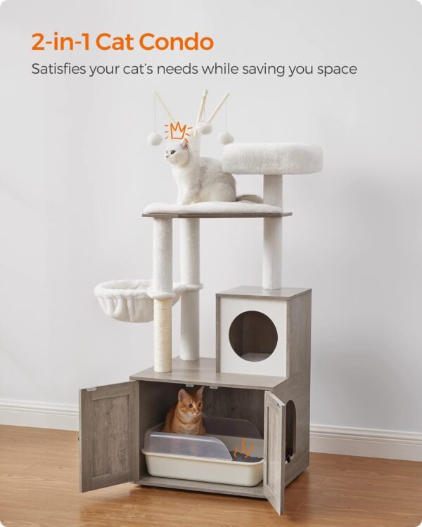 Feandrea Cat Tree with Litter Box Enclosure, 2-in-1 Modern Cat Tower, 54.3-Inch Cat Condo with Scratching Posts, Removable Pompom Sticks, Greige UPCT113G01 - Image 3