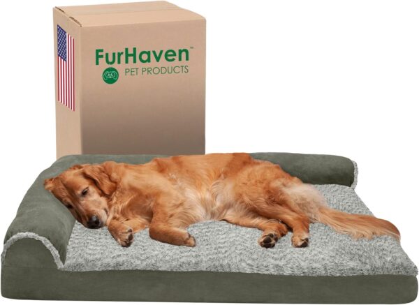 Furhaven Orthopedic Dog Bed for Large Dogs w/ Removable Bolsters & Washable Cover, For Dogs Up to 95 lbs - Two-Tone Plush Faux Fur & Suede L Shaped Chaise - Dark Sage, Jumbo/XL