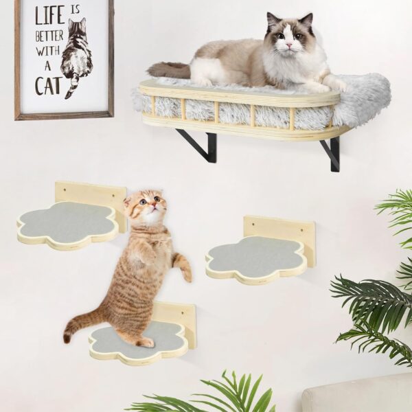 Cat Hammock Cat Wall Furniture with Cooling Mat and Plush Cushion and 3 Wall Steps, Wall Mounted Cat Shelves and Perches, Cat Climbing Shelf Cat Scratching Post for Sleeping, Playing, Gift for Cat - Image 2