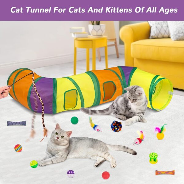 Cat Toys Bundle 33 Pcs,Cat Play Tunnel for Indoor Cats,Kitten Toys Include 2 Collapsible Cat Tunnel Tube Tent,Cat Feather Teaser Wand,Cat Bell Rainbow Ball Crinkle Toy Springs Mouse Toys Pom Pom Balls - Image 2