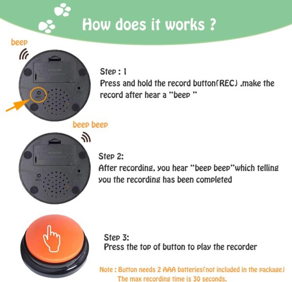 Voice Recording Button for Communication Pet Training Buzzer, 30 Second Record&Playback Dog Toy, Voice Recording Clicker for Cat, Puppy, Pet Trainin, Funny Gift for Study Office Home 4 Pcs - Image 3