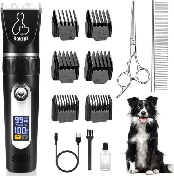 Dog Grooming Kit with LCD Display, Low Noise Dog Clippers for Grooming, Heavy Duty Dog Trimmer, Dog Grooming Supplies with Scissor, Shaver for Dogs Cats Pets, Electric Quiet Cordless