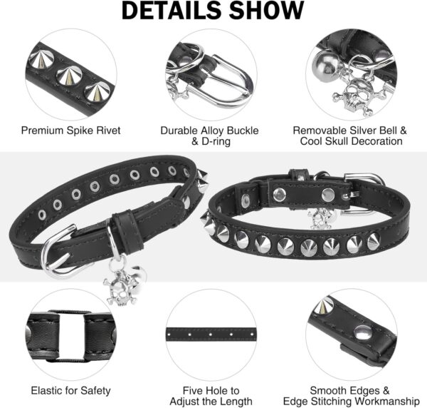 Leather Cat Collars for Boy Girl Cats with Bell and Safety Elastic Belt, Personalized Rivets Stud Adjustable Safe Buckle Collar with Skull Charm for Kitty Small Pets, Black - Image 3