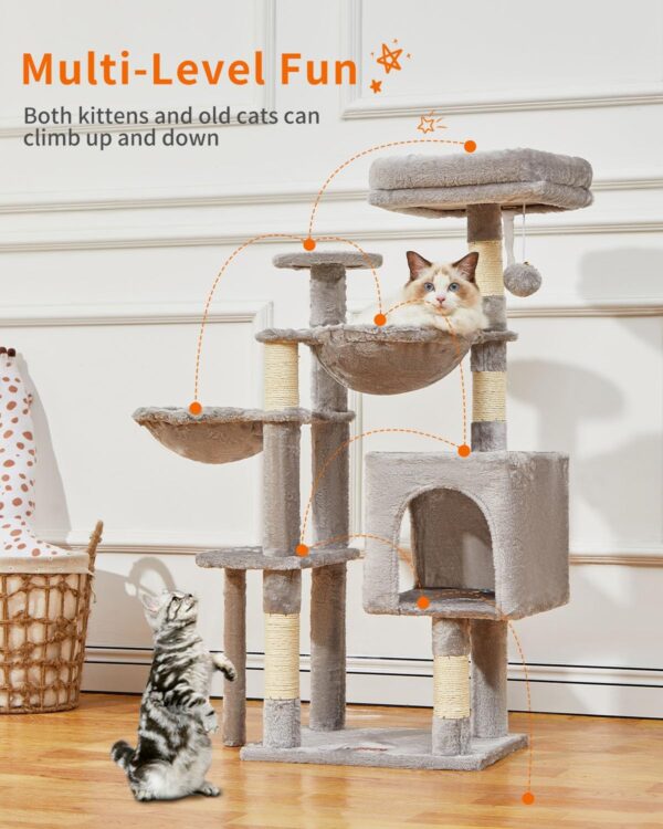 Cat Tree, 39.4-Inch Cat Tower for Indoor Cats,Suitable for Kittens,Plush Cat Condo with 5 Scratching Posts, Plush Perch,2 Hammock,Pompoms, MS019W Light Gray - Image 3