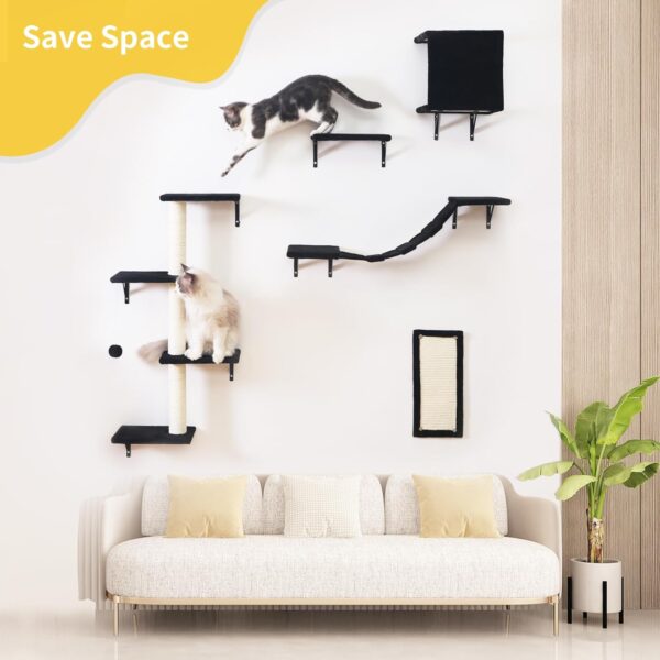 Modern Wall-Mounted Cat Furniture - 5pcs Cat Wall Shelves, Stable Wooden Cat Climber with Cat House, Bridge, Tree, Steps, and Scratcher - Black - Image 2