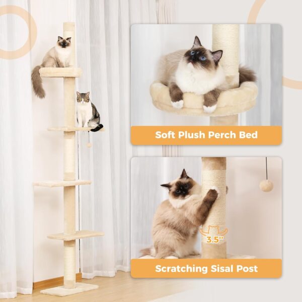 PETEPELA Cat Tower 5-Tier Floor to Ceiling Cat Tree Height(95-107 Inches) Adjustable, Tall, Climbing Tree Featuring with Scratching Post, Cozy Bed,Interactive Ball Toy for Indoor Cats/Kitten Beige - Image 4