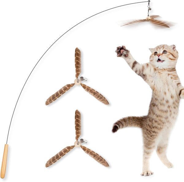 JXFUKAL Cat Wand Toys, Interactive Cat Toys with 3 Feather Refills, 29'' Flexible Steel Wire, Sturdy Wood Handle & Bell for Kitty Kitten, Cat Toys for Indoor Cats Cat Teaser Cat String Toy