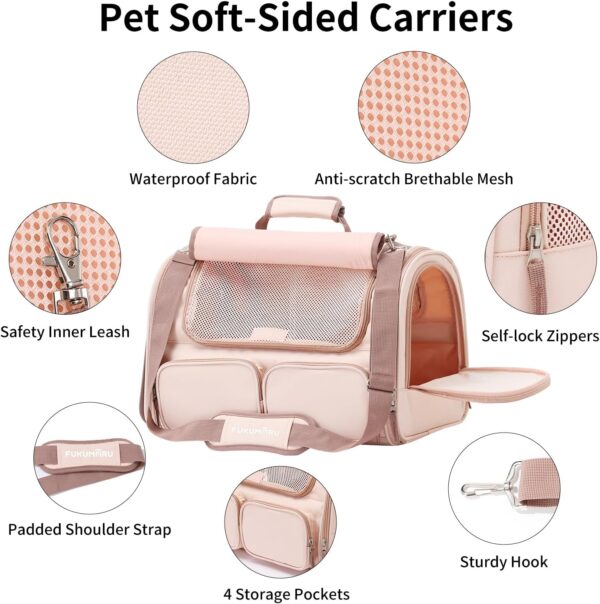 FUKUMARU Cat Carrier, 4 Mesh Windows Small Dog Carrier, 4 Storage Pockets Cat Travel Bag, Under 44 lb Airline Approved Pet Carrier, Rollable Cover for Nervous Cats, Pink - Image 8