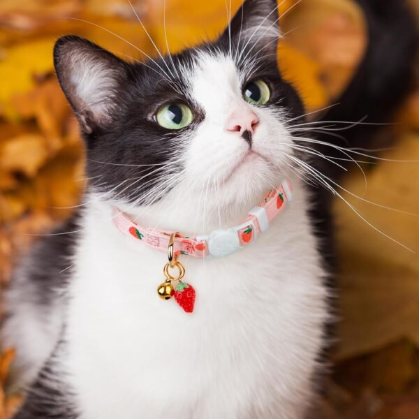 2 Pack Cotton Breakaway Cat Collar,Pink Strawberries and White Heart Shaped Pendant Kitten Collar Cute Cat Collar with Bell,Ideal for Girl Cats Boy Cats - Image 6