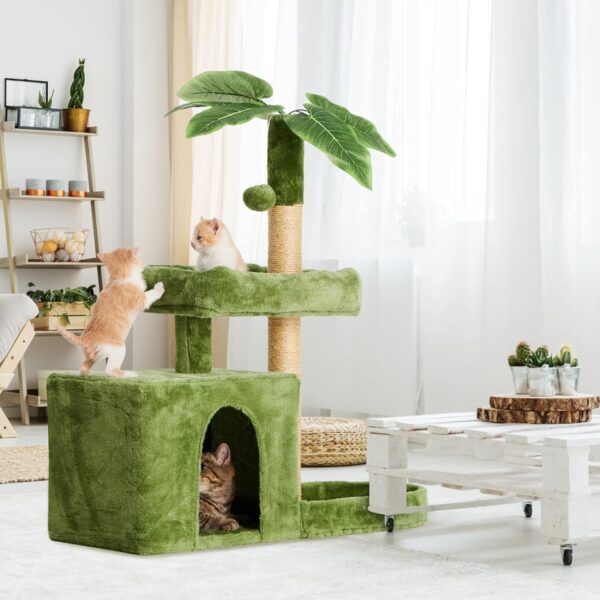 31.5" Cat Tree/Tower for Indoor Cats with Green Leaves, Cat Condo Cozy Plush Cat House with Hang Ball and Leaf Shape Design, Cat Furniture Pet House with Cat Scratching Posts, Green - Image 7