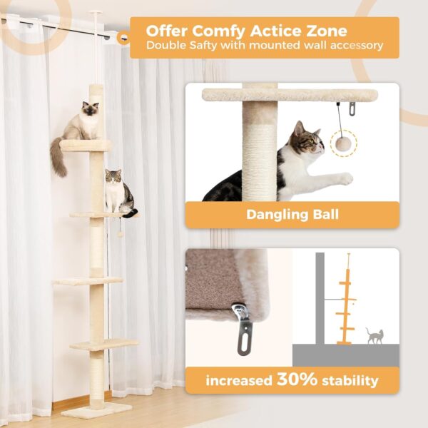 PETEPELA Cat Tower 5-Tier Floor to Ceiling Cat Tree Height(95-107 Inches) Adjustable, Tall, Climbing Tree Featuring with Scratching Post, Cozy Bed,Interactive Ball Toy for Indoor Cats/Kitten Beige - Image 5