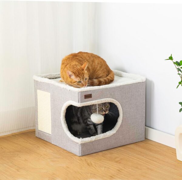 Cat Bed for Indoor Cats Cube House, Covered Cat Cave Beds & Furniture with Scratch Pad and Hideaway Tent, Cute Modern Cat Condo for Multi Small Pet Large Kitten Kitty, Grey - Image 5