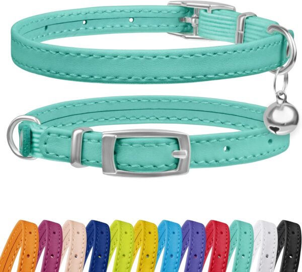 CollarDirect Leather Cat Collar with Bell - Kitten Collar, Small and Big Cat Collar for Boy Cats, Girl Cats with Safety Elastic Strap (Neck Fit 8"-11", Mint Green)