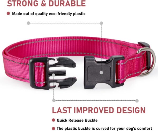 Reflective Dog Collar with Buckle Adjustable Safety Nylon Collars for Small Medium Large Dogs, Pink S - Image 2