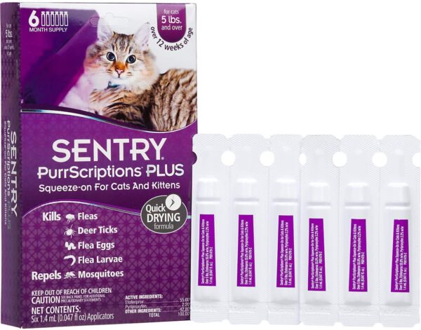 Sentry PurrScriptions Plus Cat & Kitten Squeeze-On Flea & Tick Control, for Cats Over 5 lbs., 6 dose