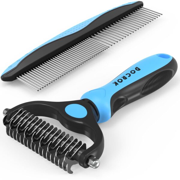 Pet Grooming Brush and Metal Comb Combo, Cat Brush Dog Brush for Shedding, Undercoat Rake for Dogs Grooming Supplies, Dematting Deshedding Brush Dogs Shedding Tool for Long matted Haired Pets, Blue