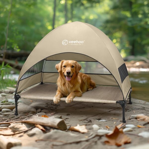 Veehoo Outdoor Dog Bed with Canopy, Cooling Elevated Dog Bed with Removable Shade, Non-Slip Feet, Raised Dog Cot Bed for Large Dogs, Dog Tent Bed for Camping, Beach, Large, Beige Coffee CWC2411 - Image 7