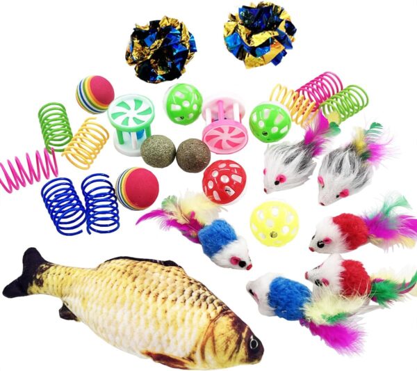 Cat Toys 27 Packs Combo Set, Cat Catnip Fish and Ball Toy, Cat Bell Balls Crinkle Balls, Cat Spring Toys, Plush Mices Attract Cats to Swat, Bite, Hunt, Interactive Toys