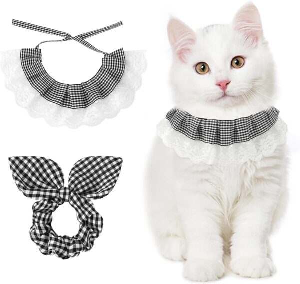 E-Clover Cat Collar-Lace Cat Bandana & Matching Scrunchie Girl Pet Bibs Accessories for Kitten Kitty Dog Owner Gift Black White Plaid