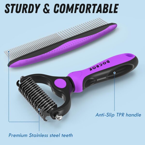 Pet Grooming Brush and Metal Comb Combo, Cat Brush Dog Brush for Shedding, Undercoat Rake for Dogs Grooming Supplies, Dematting Deshedding Brush Dogs Shedding Tool for Long matted Haired Pets, Purple - Image 6