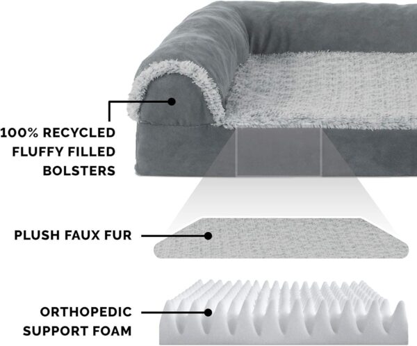 Furhaven Orthopedic Dog Bed for Large Dogs w/ Removable Bolsters & Washable Cover, For Dogs Up to 95 lbs - Two-Tone Plush Faux Fur & Suede L Shaped Chaise - Stone Gray, Jumbo/XL - Image 4