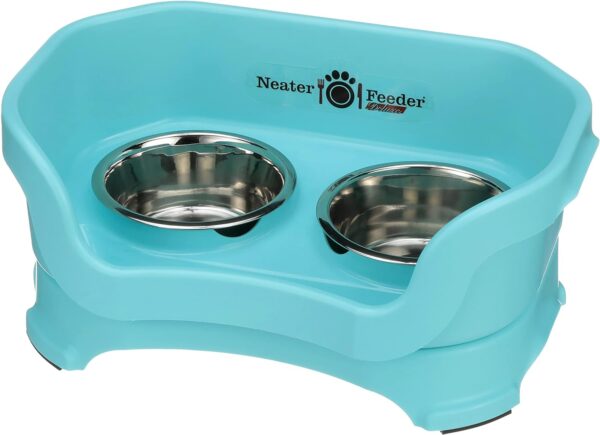 Neater Feeder - Deluxe Model - Mess-Proof Dog Bowls (Small, Aquamarine) - Made in USA - Elevated, No Spill, Non-Tip, Non-Slip, Raised Stainless Steel Food & Water Pet Bowls