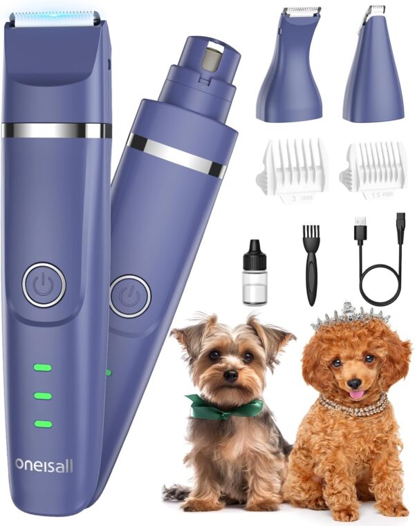 oneisall Small Dog Clippers, Quiet Cordless Dog Paw Trimmer & Nail Grinder, Dog Grooming Kit for Small Dogs with Guards, 2 Speed Dog Trimmers for Small Dogs(Blue)