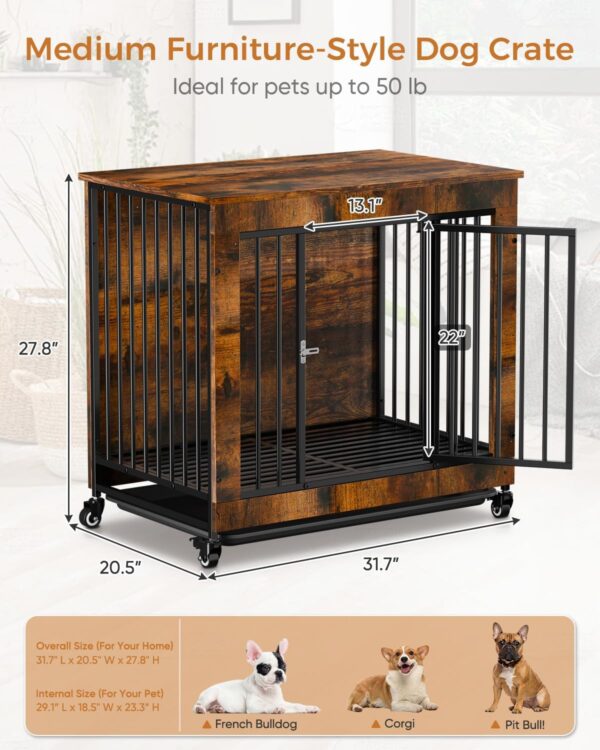 Large Wooden Dog Crate Furniture: Courpal® 30" End Table Dog Kennel Indoor for Medium Breed with Wheel - Extra Heavy Duty Room Corner Pet Cage - Brown Night Stand Table Top Modern Decorative Style - Image 4