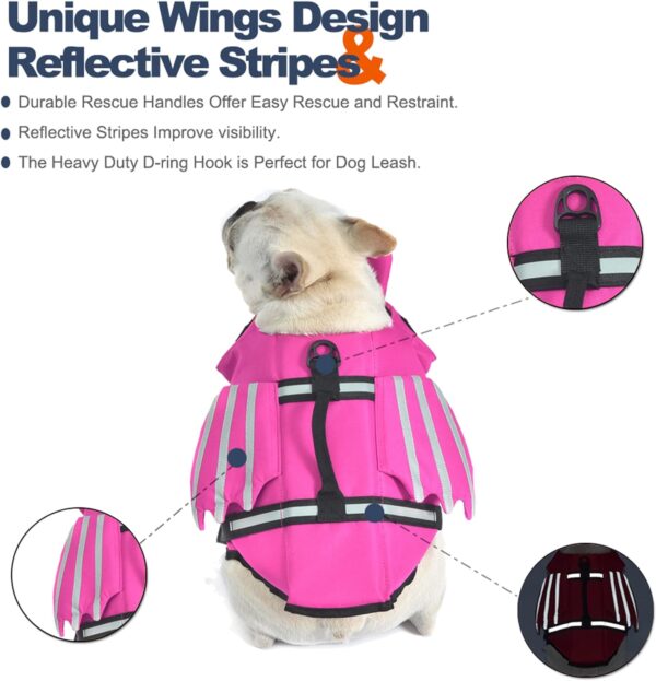 Dog Life Jacket, Wings Pet Life Vest for Small Medium Large Dogs, Reflective Adjustable Dog Flotation Swim Vest with Chin Float for Boating Surfing Swimming (Pink, XS) - Image 4