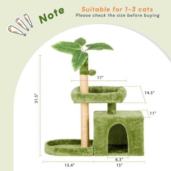 31.5" Cat Tree/Tower for Indoor Cats with Green Leaves, Cat Condo Cozy Plush Cat House with Hang Ball and Leaf Shape Design, Cat Furniture Pet House with Cat Scratching Posts, Green - Image 2