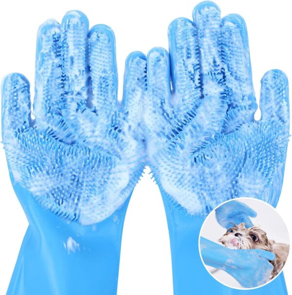 Pecute Pet Grooming Gloves, Heat Resistant Cat Bathing Gloves with High-Density Teeth, Silicone Dog Bathing Gloves with Enhanced Five Finger Design, Bathing and Massaging for Dogs and Cats Blue