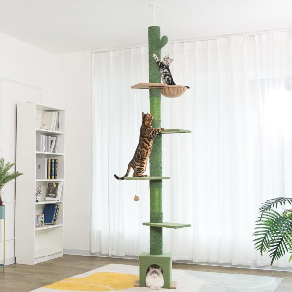 Floor to Ceiling Cat Tree Ajustable Height [82-108 Inches=208-275cm] 6 Tiers Tower Fit for 7-9 Feet Ceiling with Cat Condo Hammock and Sisal Covered Post for Indoor Cats-Green Cactus - Image 7