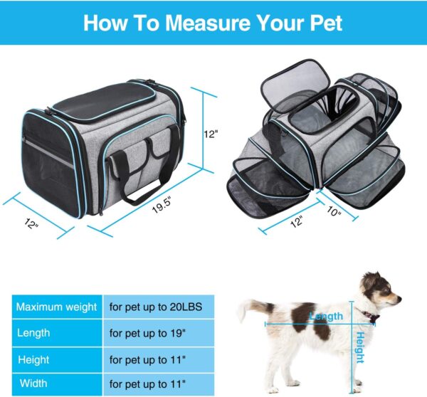 Airline Approved Pet Carrier, Large Soft Sided Pet Travel TSA Carrier 4 Sides Expandable Cat Collapsible Carrier with Removable Fleece Pad and Pockets for Cats Dogs and Small Animals - Image 2