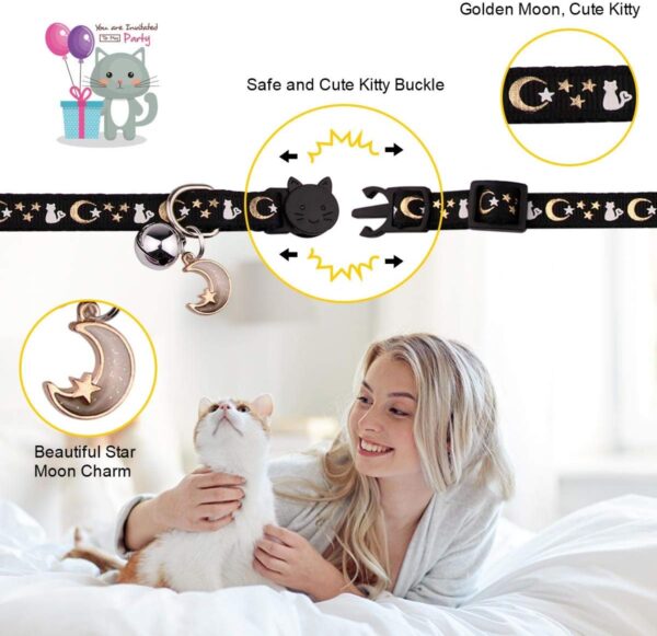 2PCS Breakaway Cat Collars with Bell Moons Stars Cute Kitty Adjustable Safe Kitten Collars with Pendant Glow in The Dark(Black&Purple) - Image 4